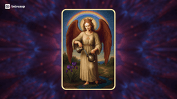 Temperance tarot card showing an angel pouring water between two cups.