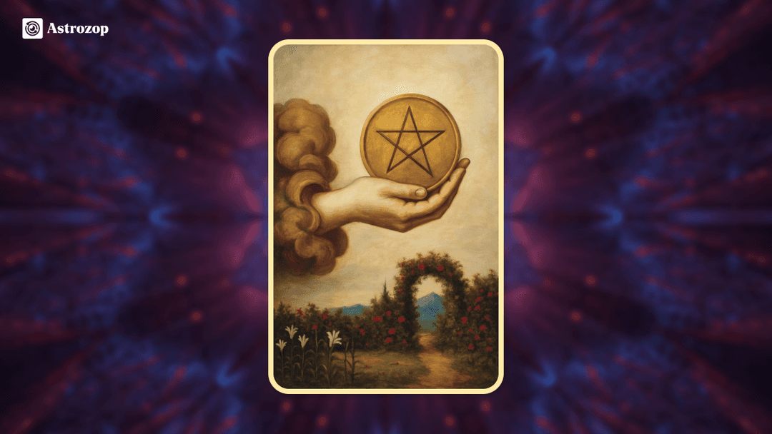 Ace of Pentacles tarot card showing a hand presenting a golden pentacle