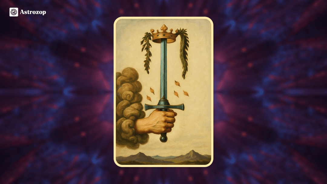 Ace of Swords tarot card showing a single upright sword piercing the sky