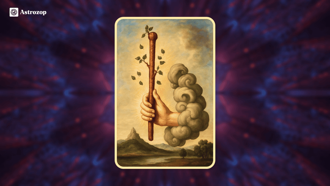 Ace of Wands tarot card showing a hand holding a blossoming wand