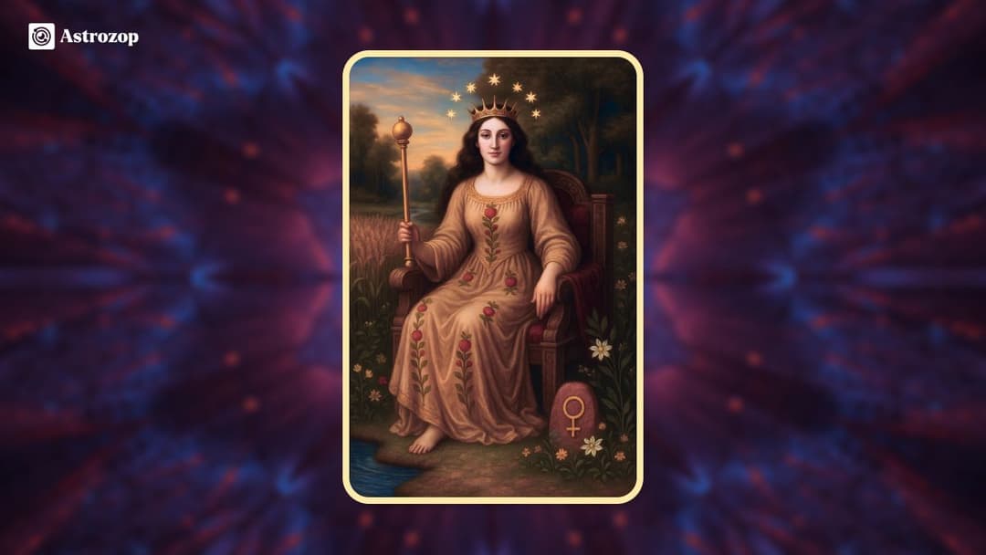 The Empress tarot card showing a crowned woman seated on a throner.