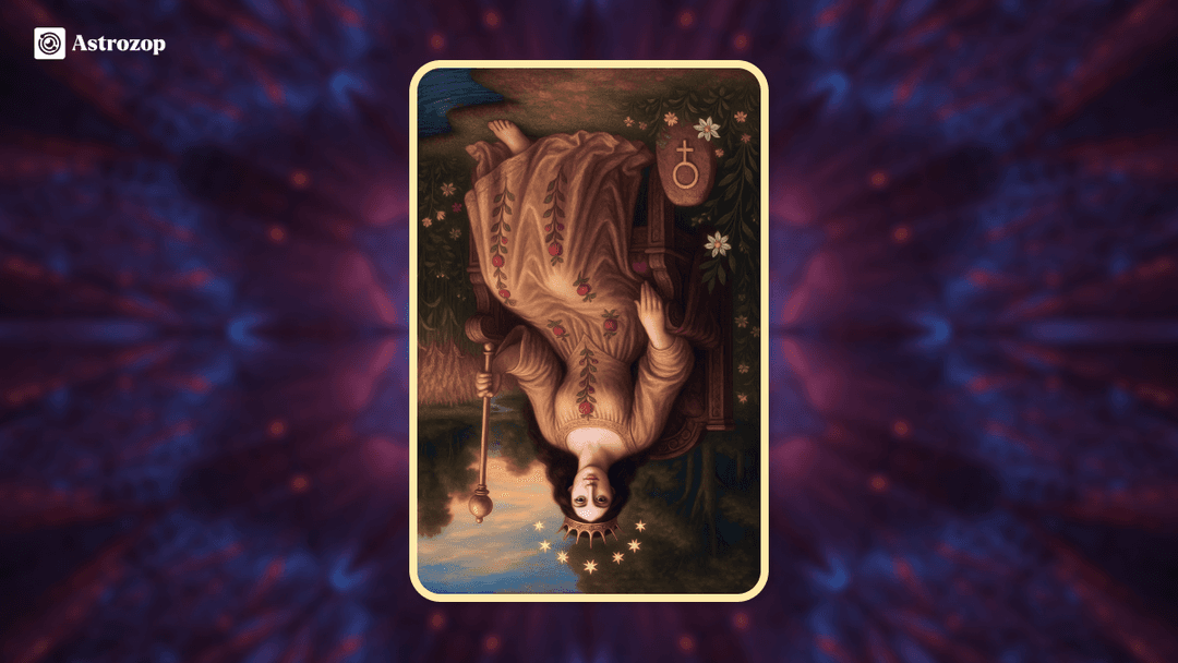 Reversed Empress Tarot card image showing an inverted figure with withered surroundings