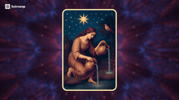The Star tarot card showing a woman kneeling with one foot on land and one in water.